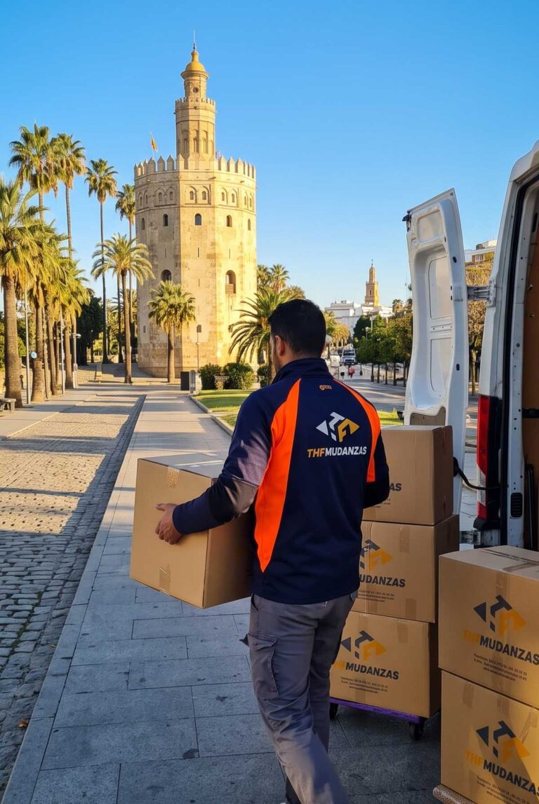 Servicio de mudanzas profesionales THF en Paseo de Colón con la Torre del Oro al fondo en Sevilla